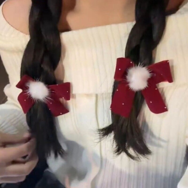 Agrafe de păr cu fundă de catifea roșie pentru prințesă fetiță pompon drăguț pentru copii, toamnă iarnă, agrafe de păr, agrafe dulci coreene, accesorii pentru cap de Anul Nou