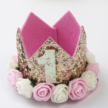 Pink White Rose 1 Year Old Crown Hat Happy Princess Birthday Decor Kid Baby Girl 1st Hat Birthday Photo Props Шапка для ведьм