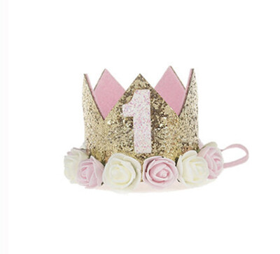 Ružičasto bijela ruža 1 godina star šešir s krunom Sretna princeza Rođendanski ukras Dječja djevojčica 1. šešir Rođendanski rekviziti za fotografije Šešir dlâ vedʹm