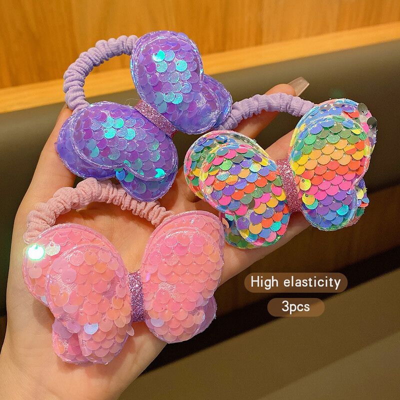 3 inele de păr cu fundă strălucitoare colorate cu benzi de piele dulci și la modă potrivite pentru utilizarea zilnică ca accesorii de păr