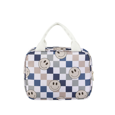 Geantă de prânz din nailon cu izolație florală, cutie de prânz cu zâmbet în carouri, cu mâner Înapoi la școală pentru călătorie Camping