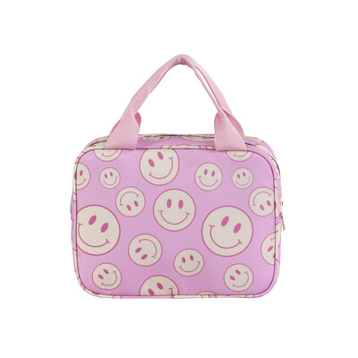 Geantă de prânz din nailon cu izolație florală, cutie de prânz cu zâmbet în carouri, cu mâner Înapoi la școală pentru călătorie Camping