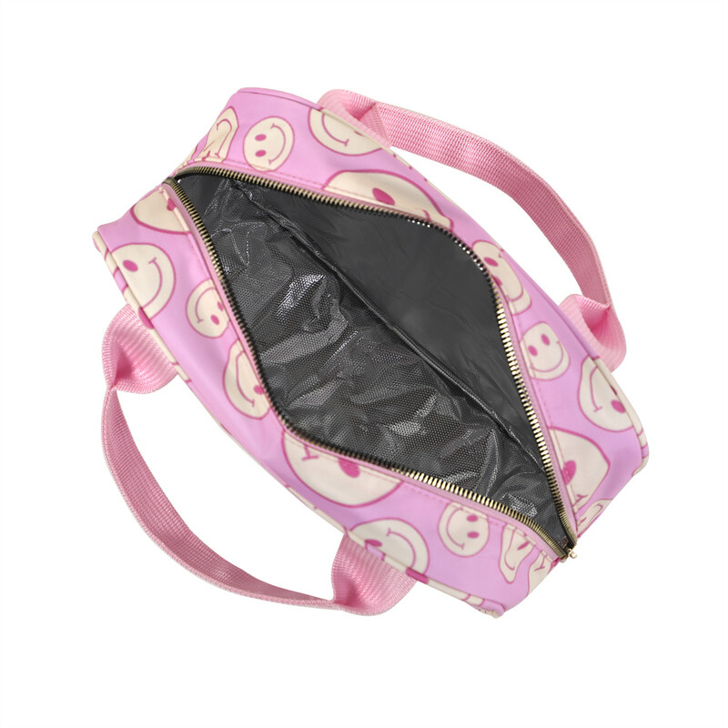 Geantă de prânz din nailon cu izolație florală, cutie de prânz cu zâmbet în carouri, cu mâner Înapoi la școală pentru călătorie Camping