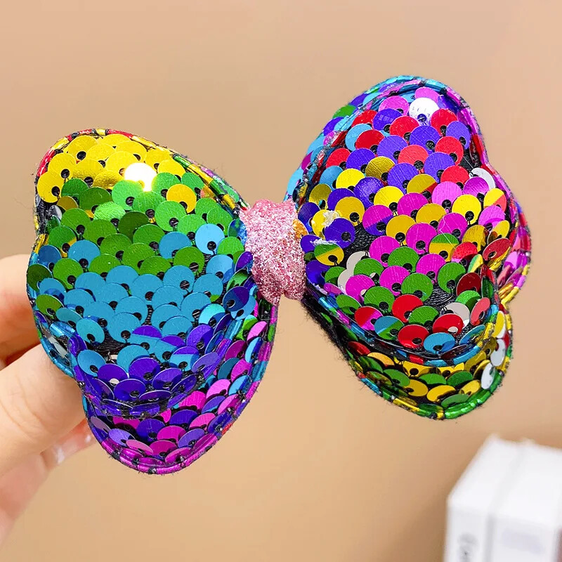 Panglică cu paiete pentru clemă laterală pentru păr, cu clemă de aligator, fete dulci, breton, pentru copii, cu fundă colorată, accesorii pentru coafarea părului