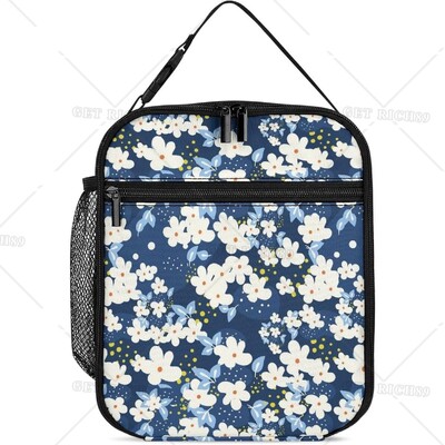 Flowers-dark-blue-print Sac de prânz dreptunghiulară Cutie de prânz portabilă izolată Genți de tote pentru adulți Bărbați Femei Călătorii Picnic Birou