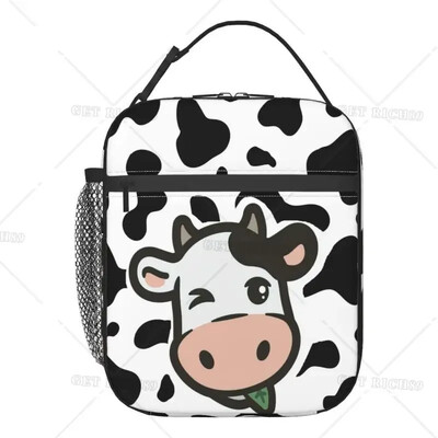 Термична кутия за обяд Strawberry Cow за деца Момчета Момичета Изолирана чанта за обяд с принт на розова крава Многократна хладилна чанта за работа в училище