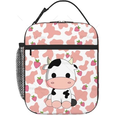 Термична кутия за обяд Strawberry Cow за деца Момчета Момичета Изолирана чанта за обяд с принт на розова крава Многократна хладилна чанта за работа в училище