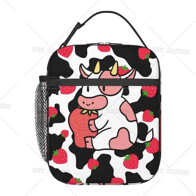 Термична кутия за обяд Strawberry Cow за деца Момчета Момичета Изолирана чанта за обяд с принт на розова крава Многократна хладилна чанта за работа в училище
