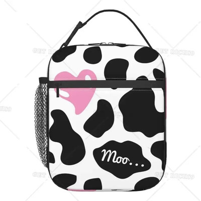 Термична кутия за обяд Strawberry Cow за деца Момчета Момичета Изолирана чанта за обяд с принт на розова крава Многократна хладилна чанта за работа в училище