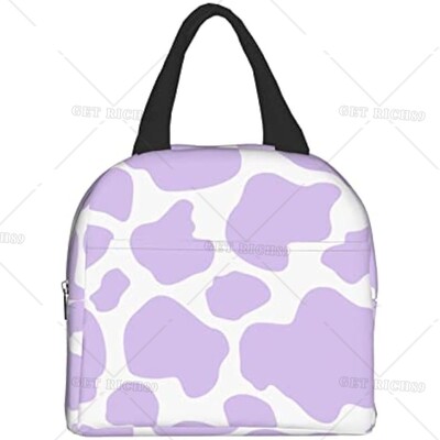 Sac de prânz izolată violet cu imprimeu colorat de vacă, cutie de prânz reutilizabilă pentru masă, container portabil, toc pentru femei, picnic de călătorie de muncă