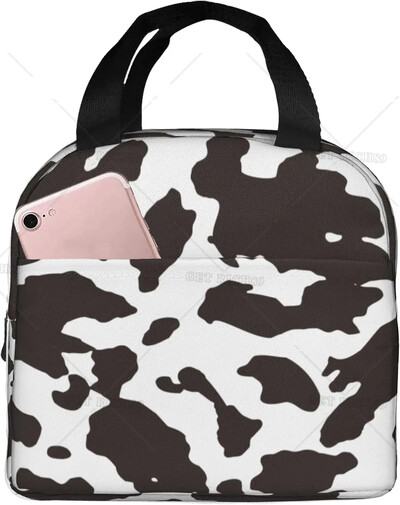 Цветен принт на крава Лилава изолирана чанта за обяд Кутия за обяд за многократна употреба Преносим контейнер за жени Работа Пътуване Пикник