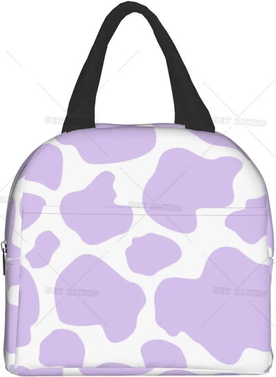Цветен принт на крава Лилава изолирана чанта за обяд Кутия за обяд за многократна употреба Преносим контейнер за жени Работа Пътуване Пикник