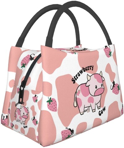 Cow Print Braškių izoliuotas pietų krepšys „Kawaii Cute Lunch Box“ Daugkartinio naudojimo vandeniui nepralaidūs „Love Pink“ pietų krepšiai moterims