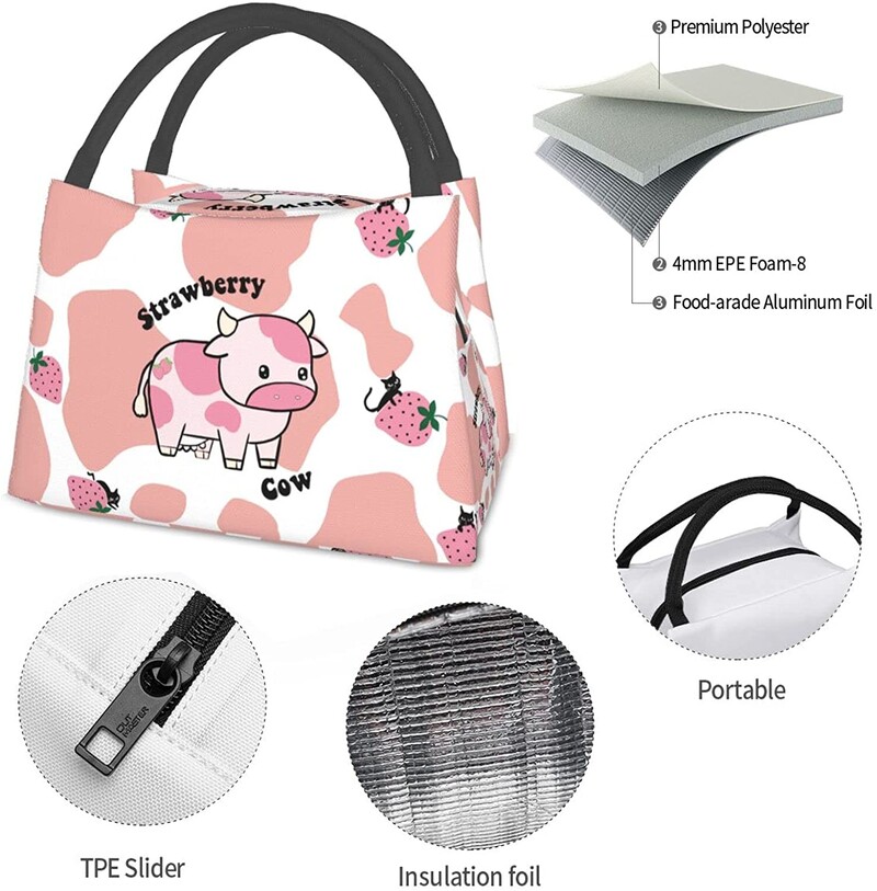 Torba za ručak s motivom kravljeg jagoda Kawaii slatka kutija za ručak Višekratna vodootporna nepropusna torba za ručak Love Pink za žene