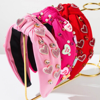 Pink Love Heart Pearl Knot Hairband Φαρδιά κορδέλα Γυναικεία αξεσουάρ μαλλιών Φεστιβάλ για την Ημέρα του Αγίου Βαλεντίνου Λαμπερά καλύμματα κεφαλής για κορίτσια Δώρο