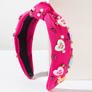 Pink Love Heart Pearl Knot Hairband Φαρδιά κορδέλα Γυναικεία αξεσουάρ μαλλιών Φεστιβάλ για την Ημέρα του Αγίου Βαλεντίνου Λαμπερά καλύμματα κεφαλής για κορίτσια Δώρο