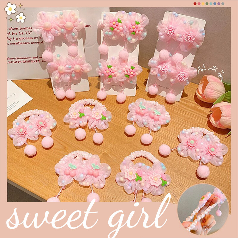 2 bucăți/set frânghii de păr cu flori roz zână pentru fată pompon drăguț copii prințesă flori elastice coadă de cal benzi de cauciuc pentru copii