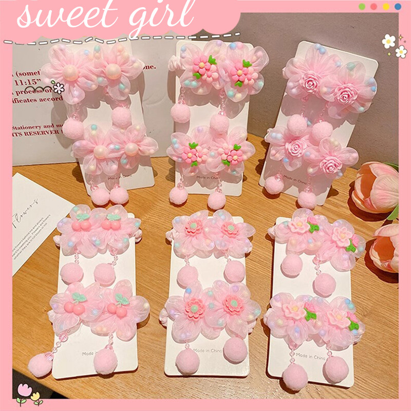 2 bucăți/set frânghii de păr cu flori roz zână pentru fată pompon drăguț copii prințesă flori elastice coadă de cal benzi de cauciuc pentru copii