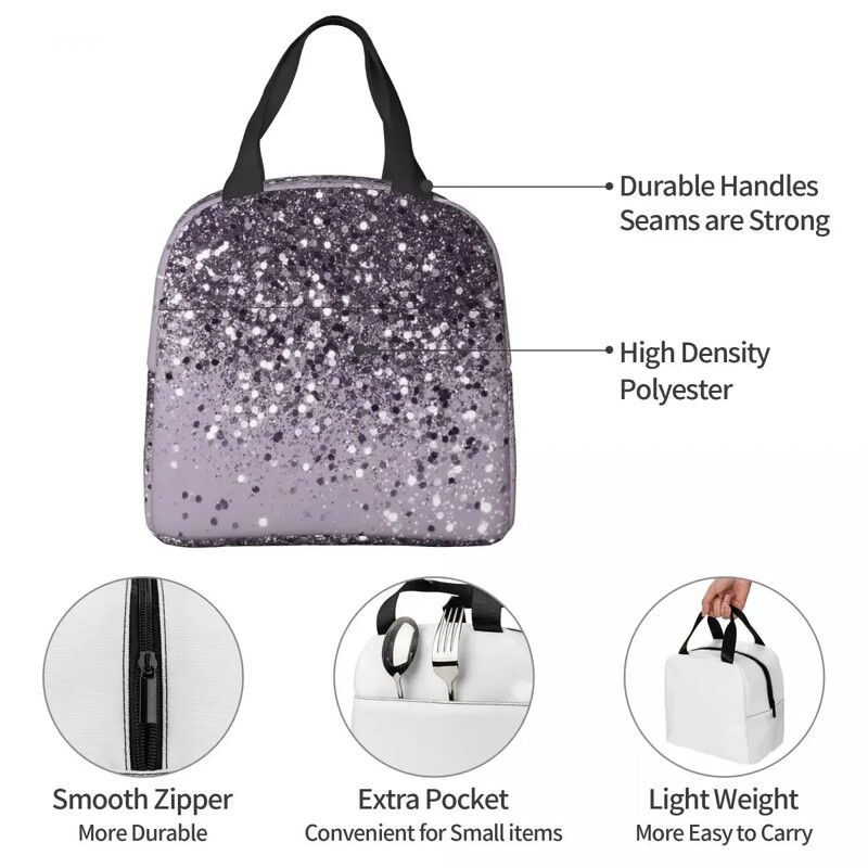 Sparkling Lavanda Lady Glitter Genți de prânz izolate Genți de picnic reutilizabile Geanta termică de prânz pentru femeie, muncă, copii, școală