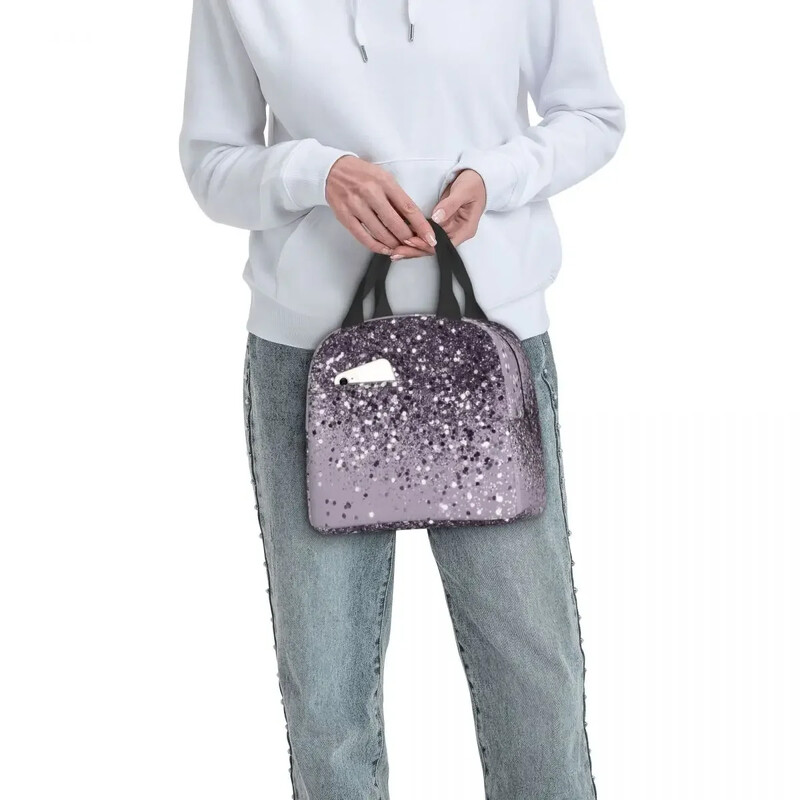 Sparkling Lavanda Lady Glitter Genți de prânz izolate Genți de picnic reutilizabile Geanta termică de prânz pentru femeie, muncă, copii, școală