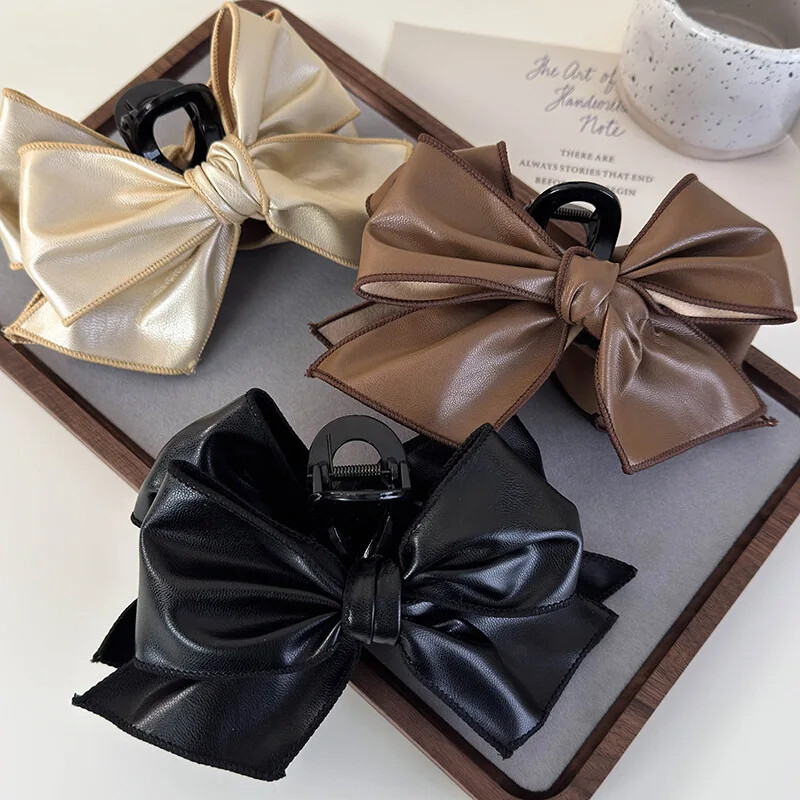 Bentita de păr cu gheare cu fundă din piele retro, ace de păr elegante pentru femei, cleme mari de rechin, barete de modă pentru femei, accesorii de păr