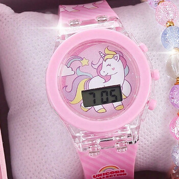 1 τμχ Ζελέ καραμέλα Cartoon Unicorn Digital Pointer Quartz Light Κοριτσίστικο ρολόι 1 τμχ Σετ κοσμημάτων White Rabbit Grass