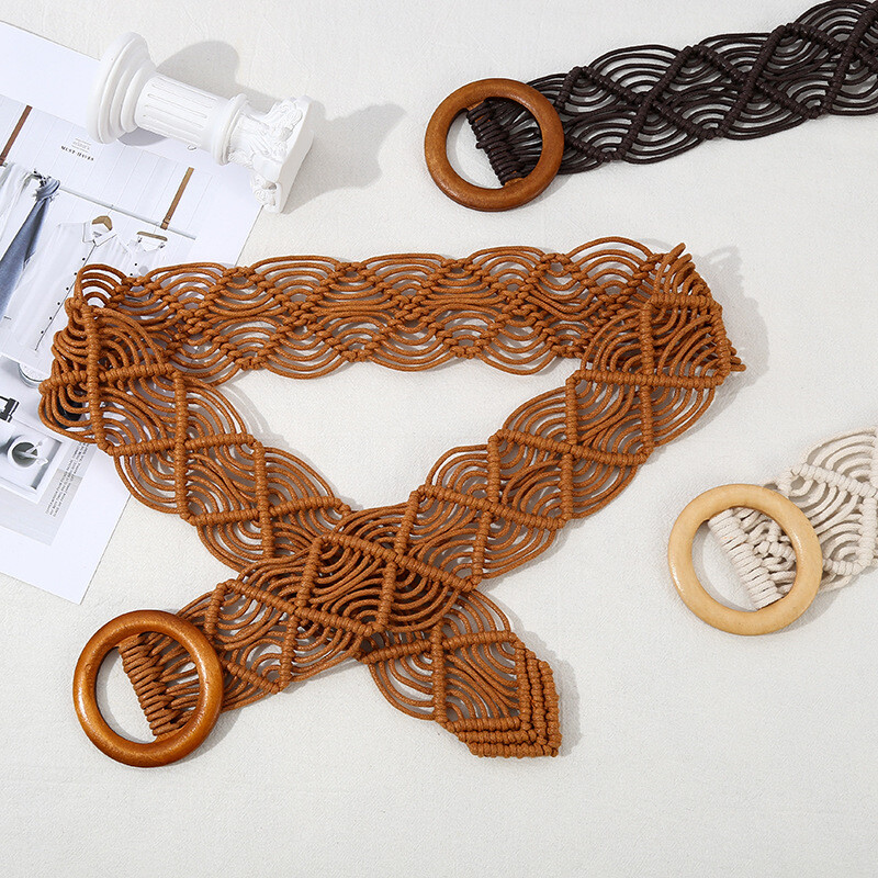 Frânghie țesută manual DIY rochie de plajă Benzi Accesorii Curele stil etnic Cureau împletite Femei Lanț pentru talie Buton rotund din lemn