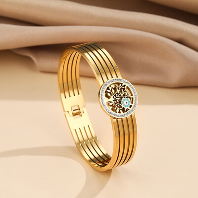 Кръгли Гривни от неръждаема стомана Дървото на живота Мъже Жени Мода Позлатена гривна с форма на широка верига Аксесоар за бижута за късмет