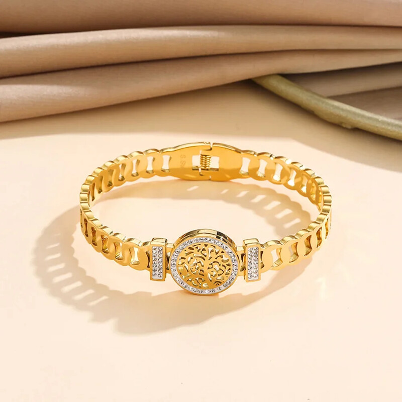 Кръгли Гривни от неръждаема стомана Дървото на живота Мъже Жени Мода Позлатена гривна с форма на широка верига Аксесоар за бижута за късмет