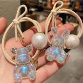 Mermaid Bear Rhinestone matu virve Jauki multfilmu zaķīti Izsmalcināti Aurora krāsu gumijas josla kaklasaites bumbu meitenes matu virves aksesuāri