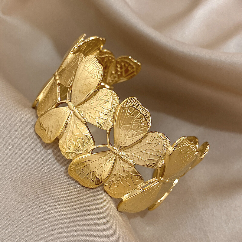 Fluture șic Brățări manșete din oțel inoxidabil Brățări placate cu aur exagerat Brățări larg deschise Bijuterii impermeabile