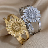 Brățară elegantă din oțel inoxidabil, placată cu aur, pentru femei, la modă, gros, mare, floarea soarelui, lucioasă, rezistentă la apă, bijuterii, cadouri