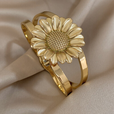 Brățară elegantă din oțel inoxidabil, placată cu aur, pentru femei, la modă, gros, mare, floarea soarelui, lucioasă, rezistentă la apă, bijuterii, cadouri