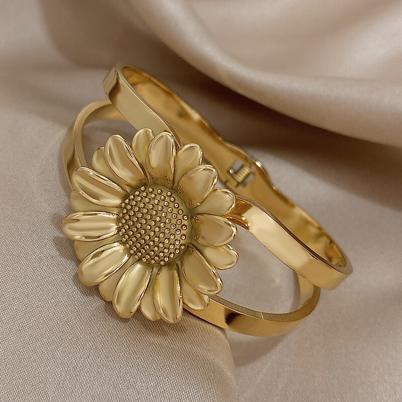 Brățară elegantă din oțel inoxidabil, placată cu aur, pentru femei, la modă, gros, mare, floarea soarelui, lucioasă, rezistentă la apă, bijuterii, cadouri