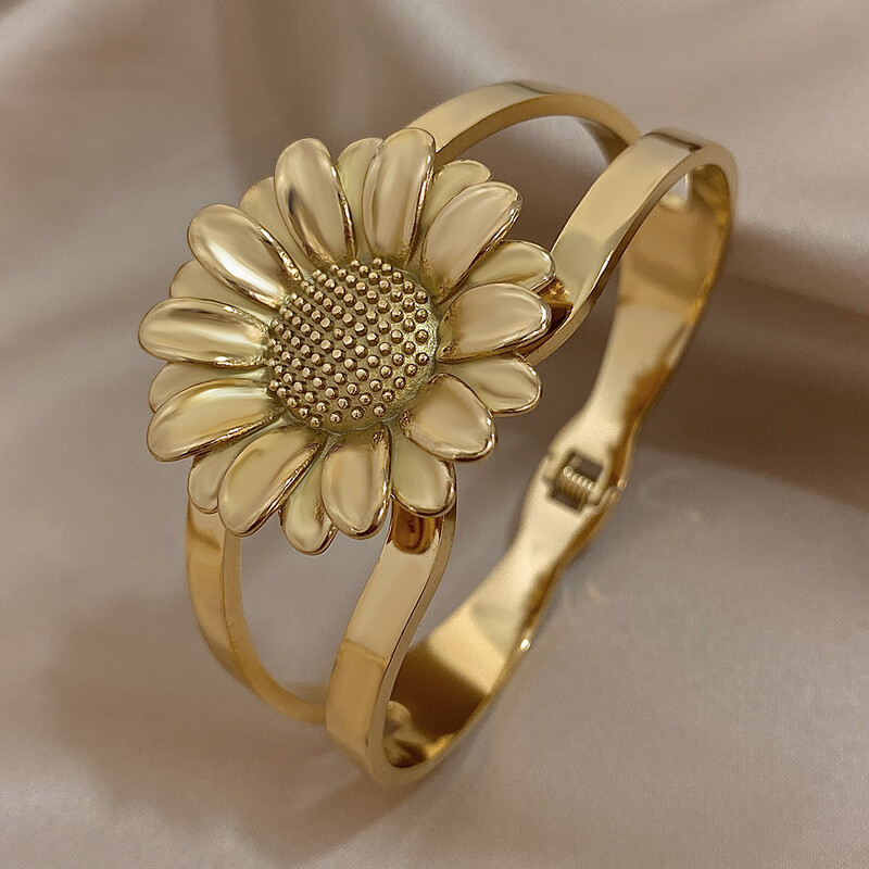 Brățară elegantă din oțel inoxidabil, placată cu aur, pentru femei, la modă, gros, mare, floarea soarelui, lucioasă, rezistentă la apă, bijuterii, cadouri