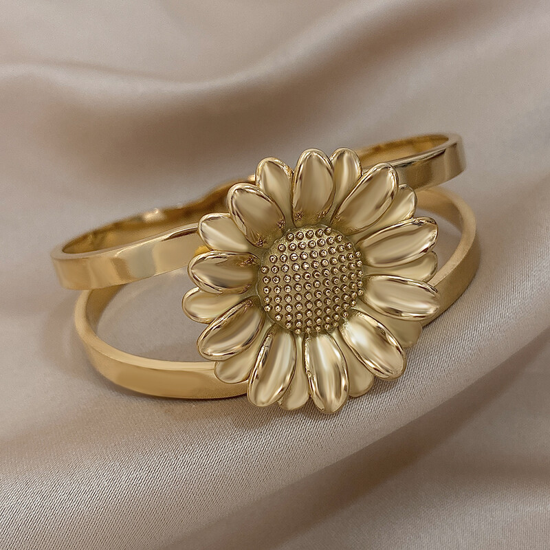 Brățară elegantă din oțel inoxidabil, placată cu aur, pentru femei, la modă, gros, mare, floarea soarelui, lucioasă, rezistentă la apă, bijuterii, cadouri