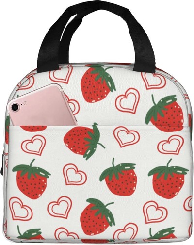 Geantă de prânz termoizolantă reutilizabilă cu căpșuni Geanta de masă de capacitate mare pentru copii, femei, geantă de prânz durabilă pentru picnic, școală de muncă