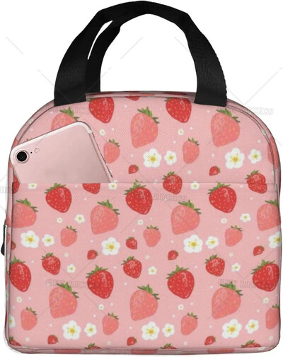 Geantă de prânz termoizolantă reutilizabilă cu căpșuni Geanta de masă de capacitate mare pentru copii, femei, geantă de prânz durabilă pentru picnic, școală de muncă