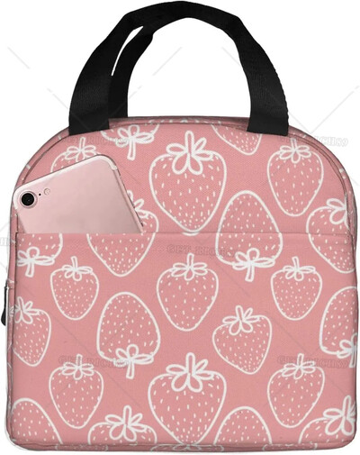 Geantă de prânz termoizolantă reutilizabilă cu căpșuni Geanta de masă de capacitate mare pentru copii, femei, geantă de prânz durabilă pentru picnic, școală de muncă