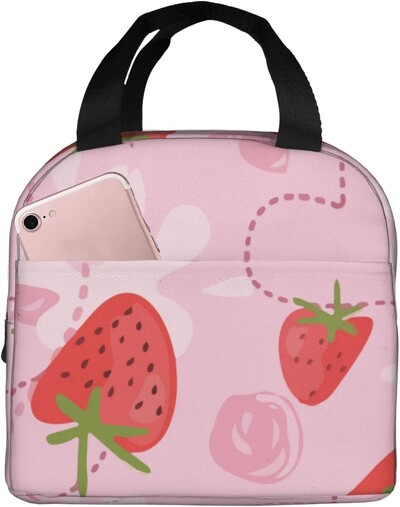 Geantă de prânz termoizolantă reutilizabilă cu căpșuni Geanta de masă de capacitate mare pentru copii, femei, geantă de prânz durabilă pentru picnic, școală de muncă