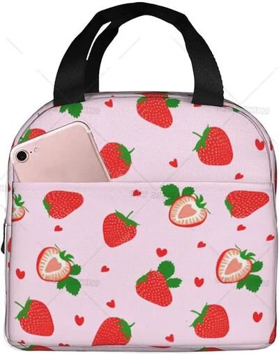 Geantă de prânz termoizolantă reutilizabilă cu căpșuni Geanta de masă de capacitate mare pentru copii, femei, geantă de prânz durabilă pentru picnic, școală de muncă