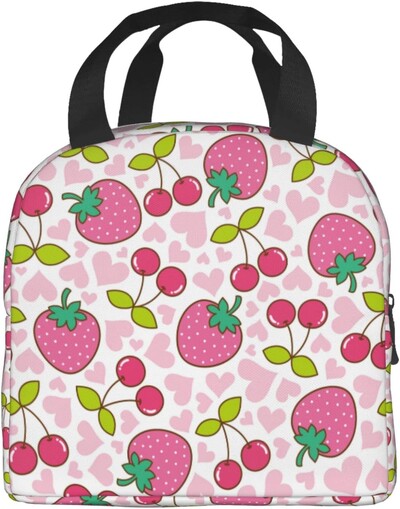 Geantă de prânz termoizolantă reutilizabilă cu căpșuni Geanta de masă de capacitate mare pentru copii, femei, geantă de prânz durabilă pentru picnic, școală de muncă