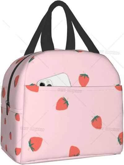 Geantă de prânz termoizolantă reutilizabilă cu căpșuni Geanta de masă de capacitate mare pentru copii, femei, geantă de prânz durabilă pentru picnic, școală de muncă