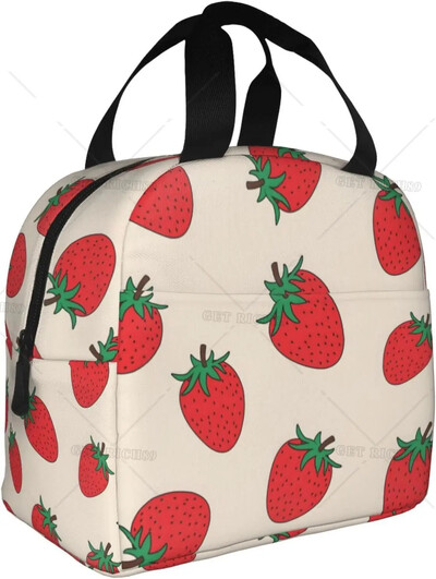 Geantă de prânz termoizolantă reutilizabilă cu căpșuni Geanta de masă de capacitate mare pentru copii, femei, geantă de prânz durabilă pentru picnic, școală de muncă