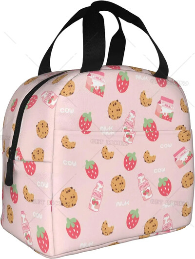 Geantă de prânz termoizolantă reutilizabilă cu căpșuni Geanta de masă de capacitate mare pentru copii, femei, geantă de prânz durabilă pentru picnic, școală de muncă