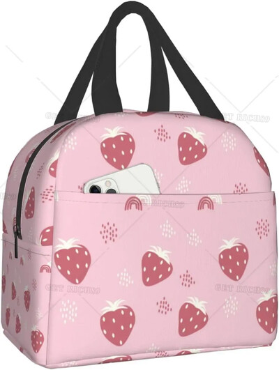 Geantă de prânz termoizolantă reutilizabilă cu căpșuni Geanta de masă de capacitate mare pentru copii, femei, geantă de prânz durabilă pentru picnic, școală de muncă