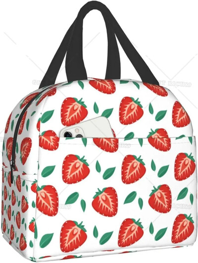 Geantă de prânz termoizolantă reutilizabilă cu căpșuni Geanta de masă de capacitate mare pentru copii, femei, geantă de prânz durabilă pentru picnic, școală de muncă