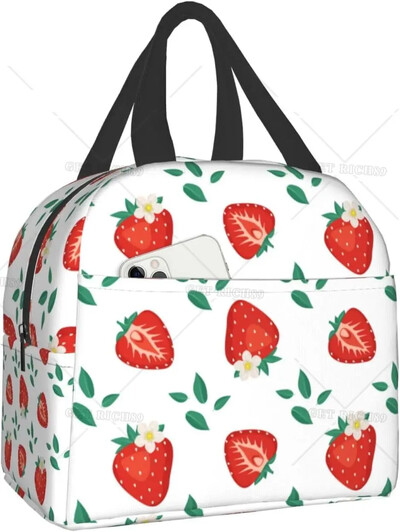 Geantă de prânz termoizolantă reutilizabilă cu căpșuni Geanta de masă de capacitate mare pentru copii, femei, geantă de prânz durabilă pentru picnic, școală de muncă