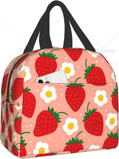 Geantă de prânz termoizolantă reutilizabilă cu căpșuni Geanta de masă de capacitate mare pentru copii, femei, geantă de prânz durabilă pentru picnic, școală de muncă