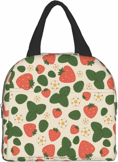 Geantă de prânz termoizolantă reutilizabilă cu căpșuni Geanta de masă de capacitate mare pentru copii, femei, geantă de prânz durabilă pentru picnic, școală de muncă
